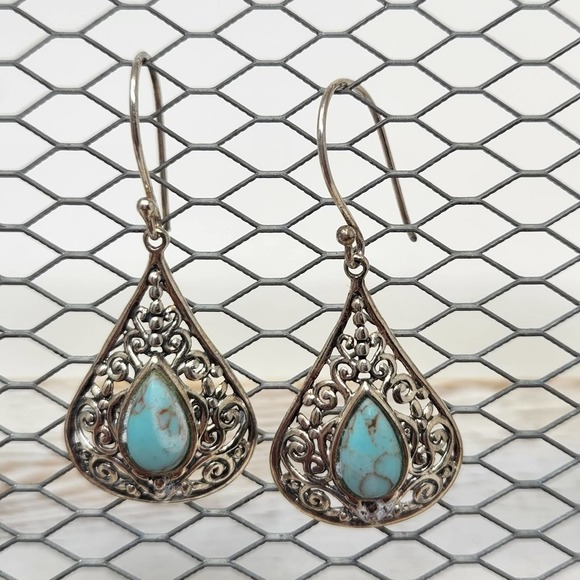 Sterling Silver 925 Blue Stone Teardrop Dangle Drop Hook Earrings Filigree - Picture 1 of 5